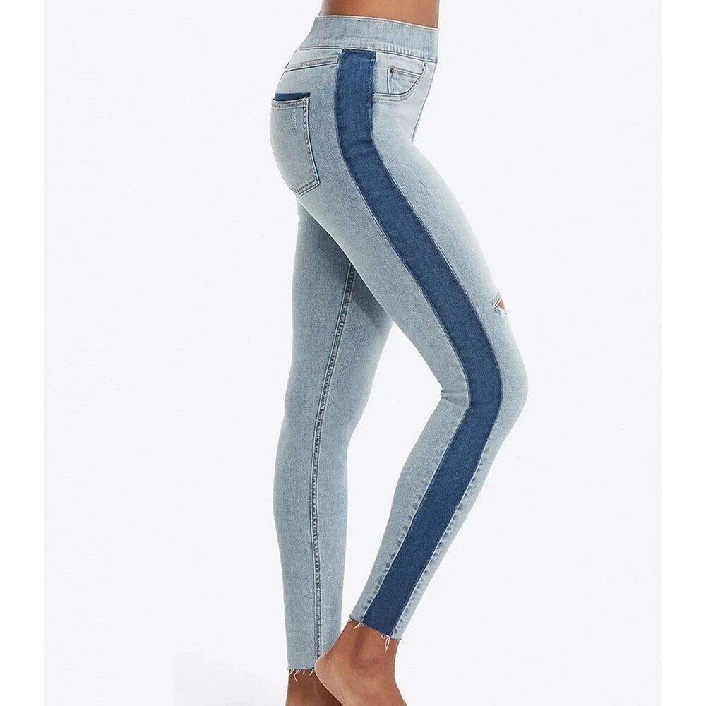 Spanx Medium jegging compression skinny jeans pull-on stripe distressed ribcage